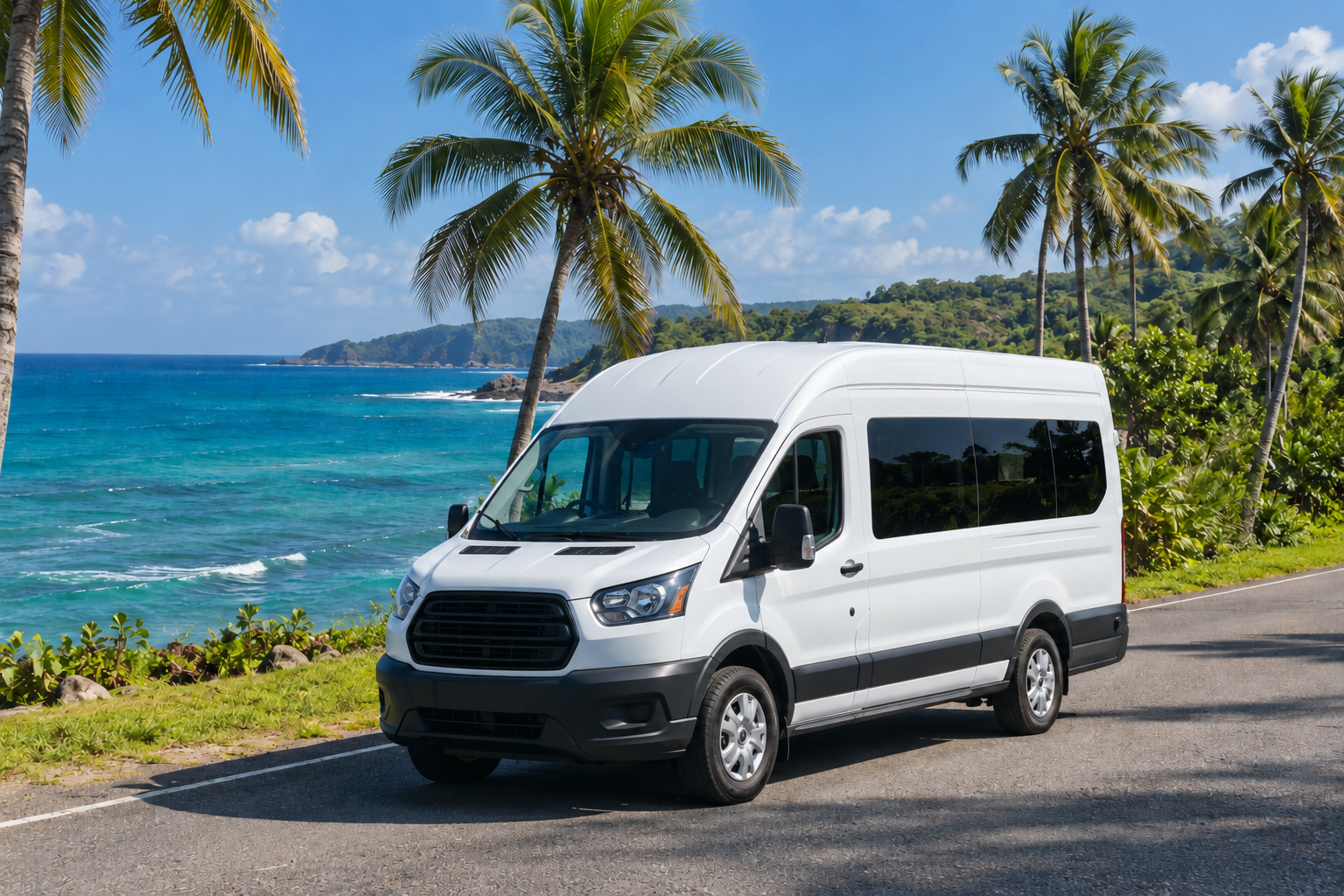 White passenger van on a Puerto Rico coastal road