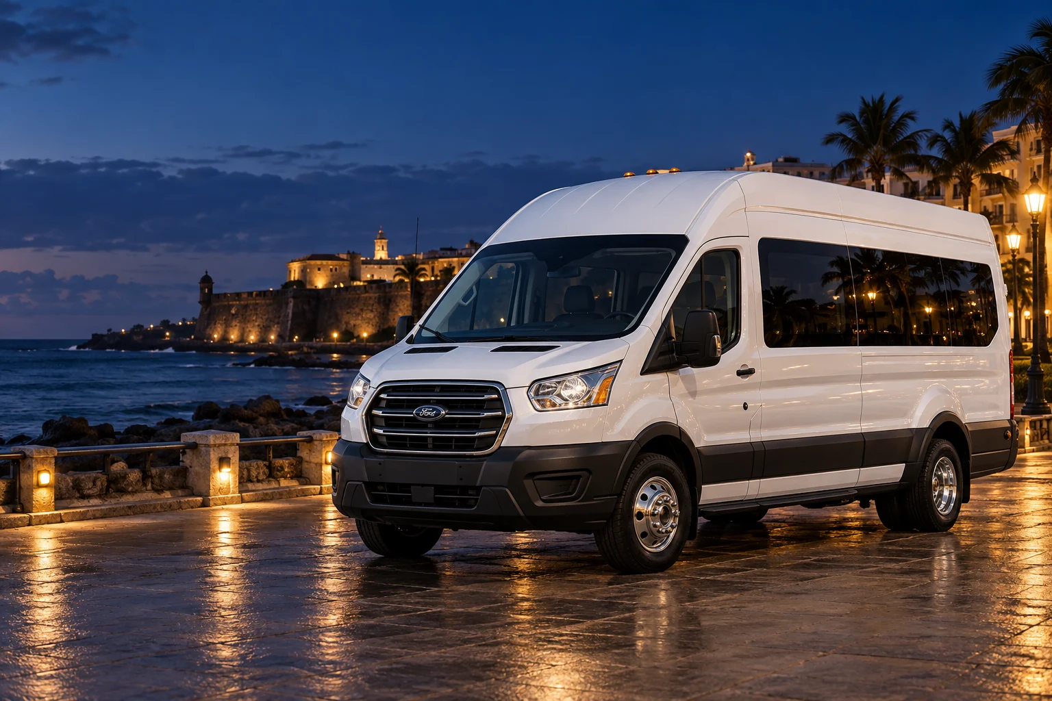 Representative white Ford Transit 350 HD passenger van by the Old San Juan waterfront