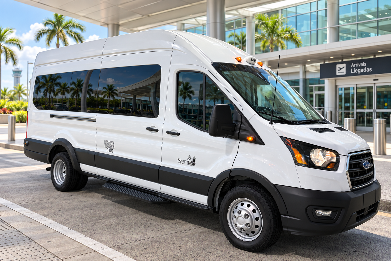 SAN JUAN AIRPORT SHUTTLE (SJU) — white Ford Transit van